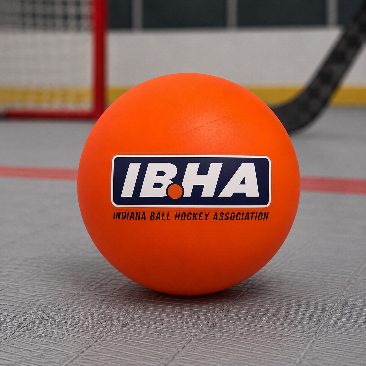 IBHA-branded ball hockey ball on the rink