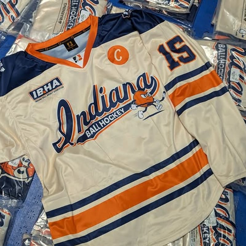 Cream Indiana Ball Hockey jersey with orange and navy accents