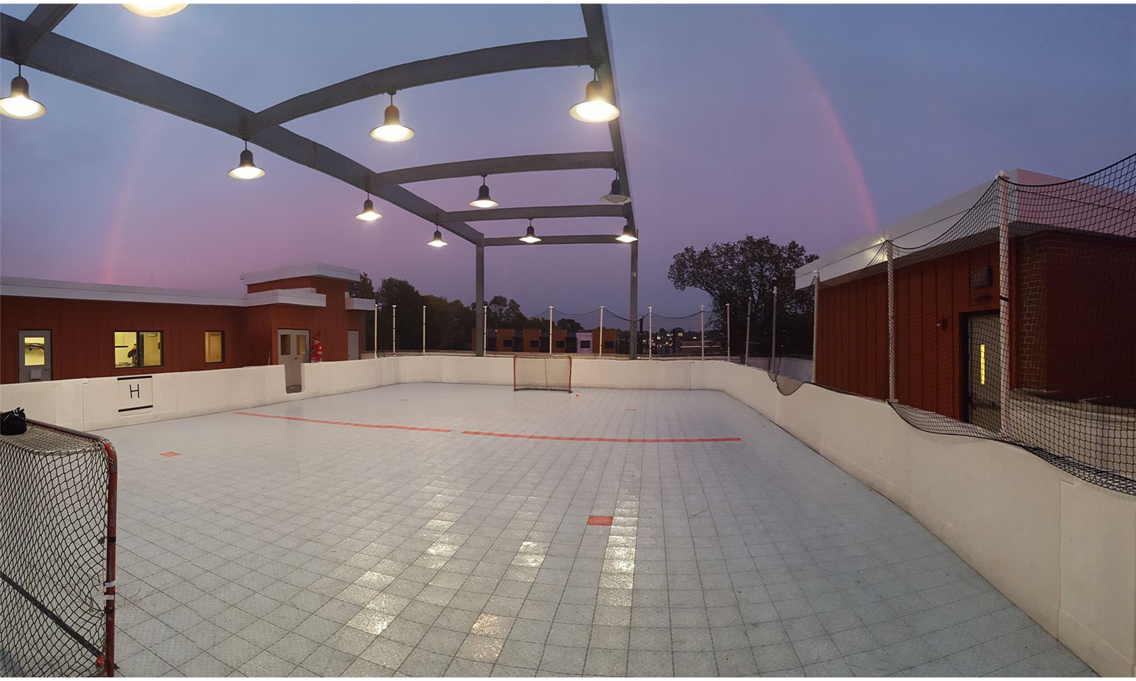 Indy Rooftop Hockey League rink at dusk